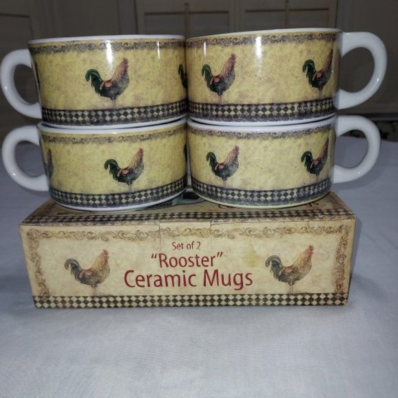 Vintage Giftco Ceramic Soup Mugs/Cups with Handles "Rooster" Set of 4 New - Picture 1 of 9